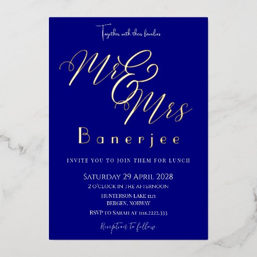 ネイビーブルーの結婚式用ホイル招待状 Mr & Mrs 箔招待状 (正面)