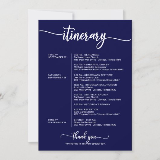 ネイビーブルーの結婚式 ウェルカム アイテム 時刻表 レター 招待状 (裏面)