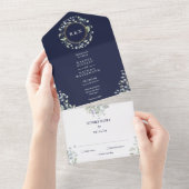ネイビーブルーの結婚式 モノグラム グリーナリー フラワー オールインワン招待状 (貼ってはがせる)