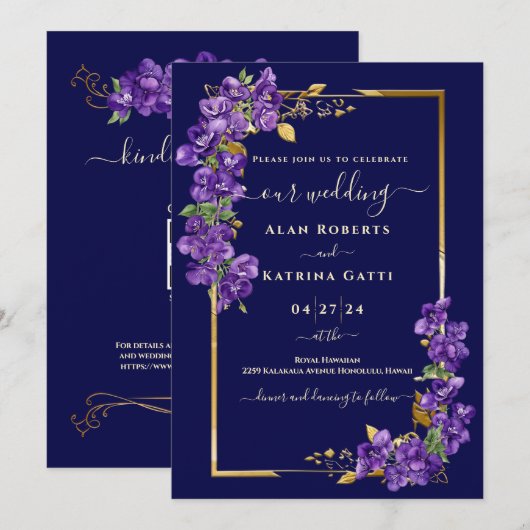ネイビーブルーの結婚式 紫のスミレ ゴールドフレーム RSVP 招待状 (正面/裏面)