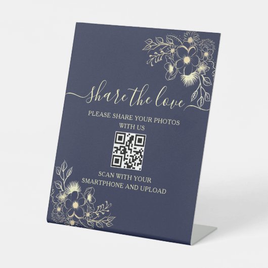 ネイビーブルーの結婚式QRコードサイン - 愛を分かち合う 台座サイン (正面)