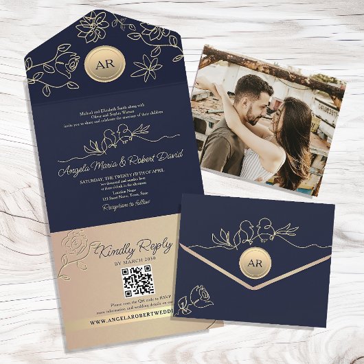 ネイビーブルーの結婚式QRコード オールインワン招待状