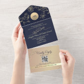 ネイビーブルーの結婚式QRコード オールインワン招待状 (貼ってはがせる)