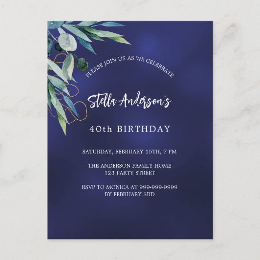 ネイビーブルーの緑のエレガント誕生日 インビテーションポストカード (正面)