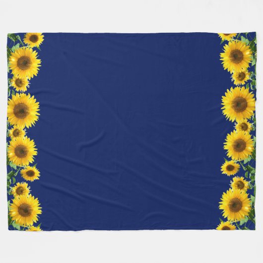 ネイビーブルーの美しい黄色のひまわり フリースブランケット (正面(横))