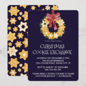 ネイビーブルーの背景が美しいクリスマス・クッキー・リース 招待状 (正面/裏面)
