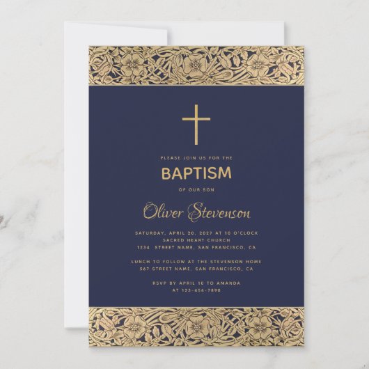 ネイビーブルーの背景にゴールドの花飾りがエレガントな男の子の洗礼の案内 招待状 (正面)