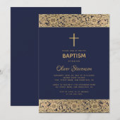 ネイビーブルーの背景にゴールドの花飾りがエレガントな男の子の洗礼の案内 招待状 (正面/裏面)