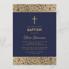 ネイビーブルーの背景にゴールドの花飾りがエレガントな男の子の洗礼の案内 招待状