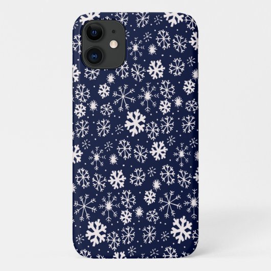 ネイビーブルーの背景に手描きの雪の結晶の吹雪 クラシックブルー Case-Mate iPhoneケース (裏面)