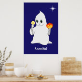 ネイビーブルーの背景に描かれたハロウィンの幽霊とかぼちゃ ポスター (キッチン)