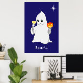 ネイビーブルーの背景に描かれたハロウィンの幽霊とかぼちゃ ポスター (ホームオフィス)