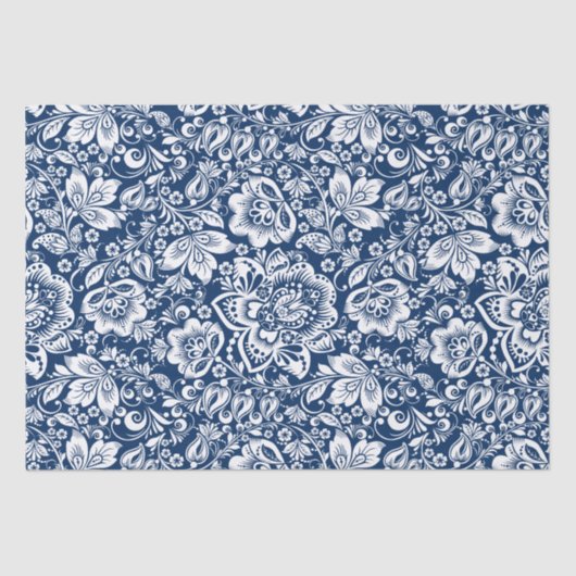 ネイビーブルーの背景に白いヴィンテージダマスク 薄葉紙 (正面)