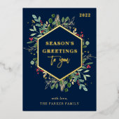 ネイビーブルーの背景に金箔の幾何学的な枠と葉の飾り | シーズンズ・グリーティングス 箔シーズンカード (正面)