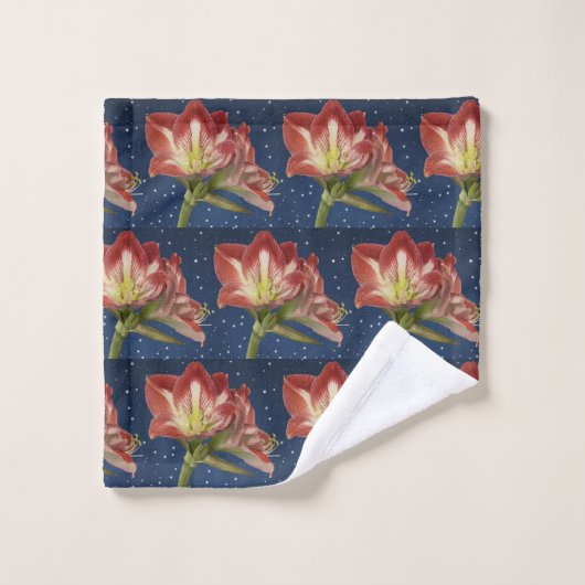 ネイビーブルーの背景に黄色のピンクの赤のアマリリス バスタオルセット (ウォッシュタオル)