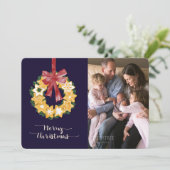 ネイビーブルーの背景を持つクリスマスクッキーリース シーズンカード (スタンド正面)