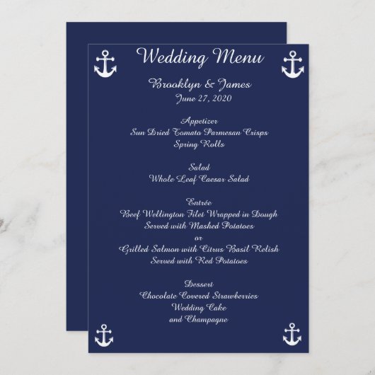 ネイビーブルーの航海をテーマにした結婚式のメニュー オーダーメイド招待状 メニュー (正面/裏面)