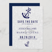 ネイビーブルーの航海用ボートアンカー セーブ・ザ・デート (正面/裏面)