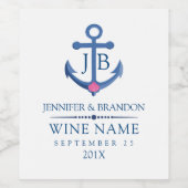 ネイビーブルーの航海用船錨と貝殻のアクセント ワインラベル (シングルラベル)
