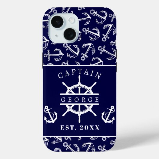 ネイビーブルーの船の錨 ネイティカルキャプテンの名前 Case-Mate iPhoneケース (裏面)