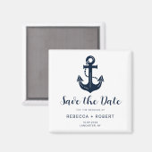 ネイビーブルーの船名と錨のモチーフを使った結婚式のSave the Date マグネット (正面/裏面)