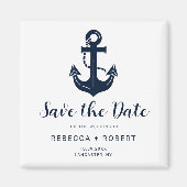 ネイビーブルーの船名と錨のモチーフを使った結婚式のSave the Date マグネット (正面)