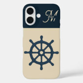 ネイビーブルーの船輪とモノグラムのベージュのコーストアルホーム Case-Mate iPhoneケース (裏面)