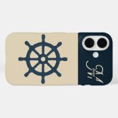 ネイビーブルーの船輪とモノグラムのベージュのコーストアルホーム Case-Mate iPhoneケース (裏面 (横))