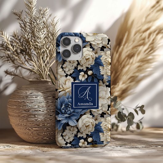 ネイビーブルーの花々 iPhoneケース 青い花柄  Case-Mate iPhoneケース