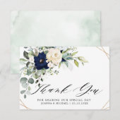ネイビーブルーの花とグリーンと幾何学模様のウェディング サンキューカード (正面/裏面)