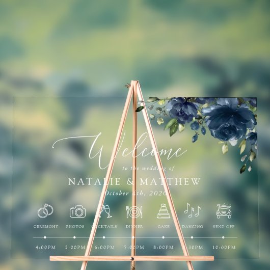 ネイビーブルーの花とグリーン、結婚式のタイムライン アクリルサイン (ニュートラル)