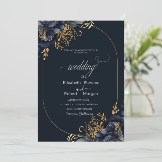 ネイビーブルーの花とゴールドの葉のフレーム ウェディング 招待状 (スタンド正面)