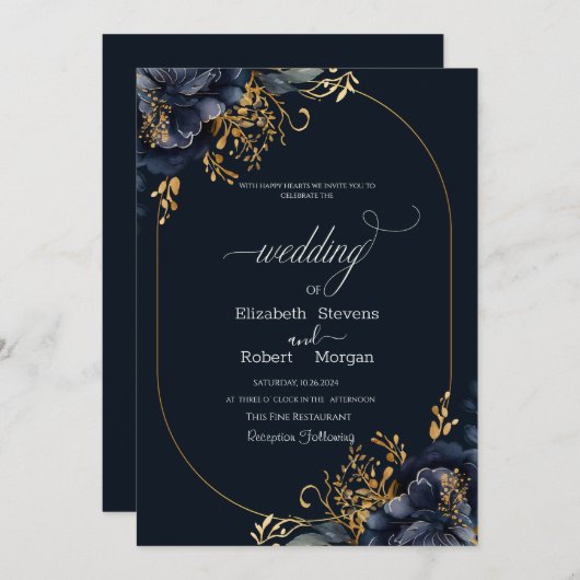 ネイビーブルーの花とゴールドの葉のフレーム ウェディング 招待状 (正面/裏面)