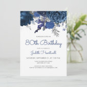 ネイビーブルーの花とシルバーの葉のエレガントな80歳の誕生日パーティー 招待状 (スタンド正面)