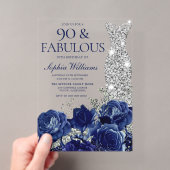 ネイビーブルーの花とダイヤモンドのドレス 90歳の誕生日 アクリル招待状 (インサイチュ (ポータブル))