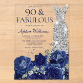 ネイビーブルーの花とダイヤモンドのドレス 90歳の誕生日 アクリル招待状 (正面)