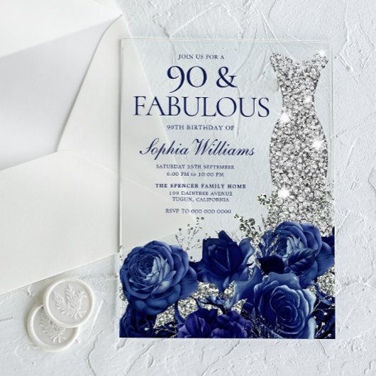 ネイビーブルーの花とダイヤモンドのドレス 90歳の誕生日 アクリル招待状