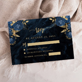 ネイビーブルーの花と淡いゴールドの文字の結婚式RSVP エンクロージャーカード