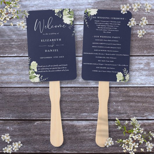 ネイビーブルーの花と緑の結婚式プログラム ハンドファン