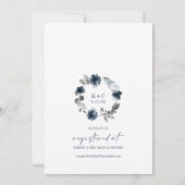 ネイビーブルーの花と緑の葉のブライダルシャワー 招待状 (裏面)