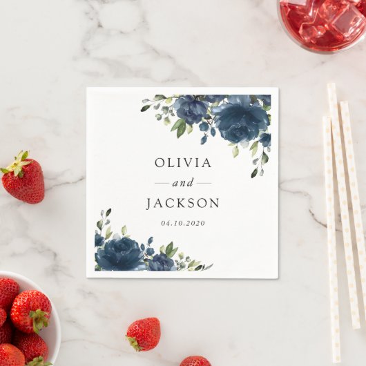 ネイビーブルーの花と緑、ボヘミア、フラワーのウェディング スタンダードカクテルナプキン (インサイチュ)