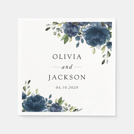 ネイビーブルーの花と緑、ボヘミア、フラワーのウェディング スタンダードカクテルナプキン (正面)