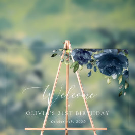 ネイビーブルーの花と緑、誕生日ウェルカム アクリルサイン