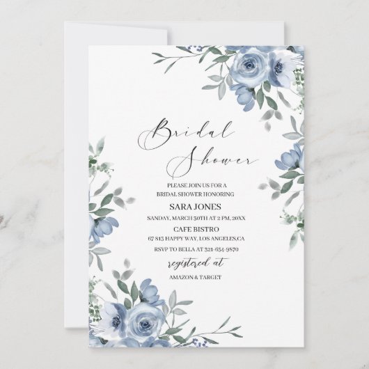 ネイビーブルーの花と葉ブライダルシャワー 招待状 (正面)