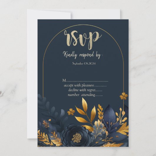 ネイビーブルーの花と金の葉のRSVP 招待状 (正面)