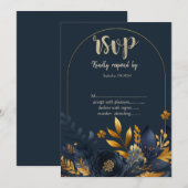 ネイビーブルーの花と金の葉のRSVP 招待状 (正面/裏面)