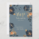 ネイビーブルーの花と金の葉のRSVP 招待状 (正面)