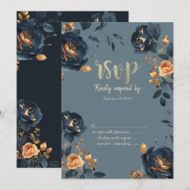 ネイビーブルーの花と金の葉のRSVP 招待状
