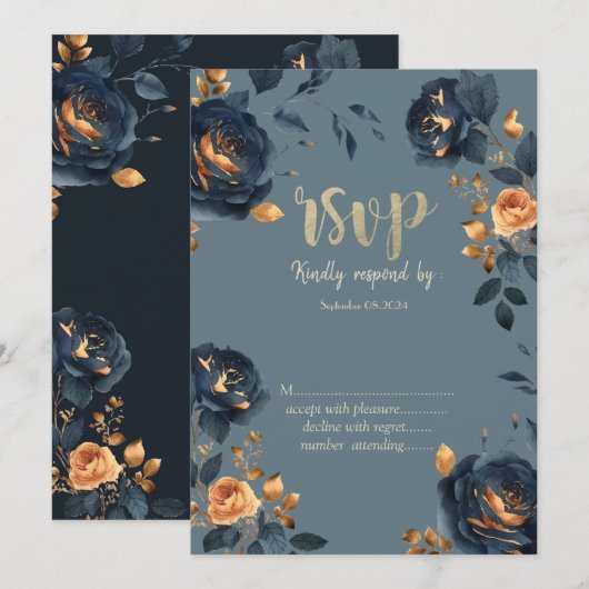 ネイビーブルーの花と金の葉のRSVP 招待状 (正面/裏面)