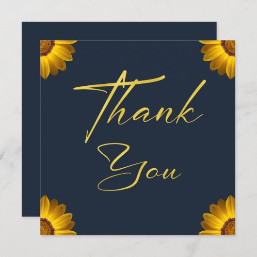 ネイビーブルーの花に黄色の花の背景モノグラム サンキューカード (正面/裏面)